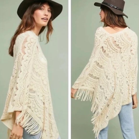 Anthropologie Sweaters - Anthropologie Sleeping On Snow Sabrina Ivory Crochet Lace Open Knit Poncho OS